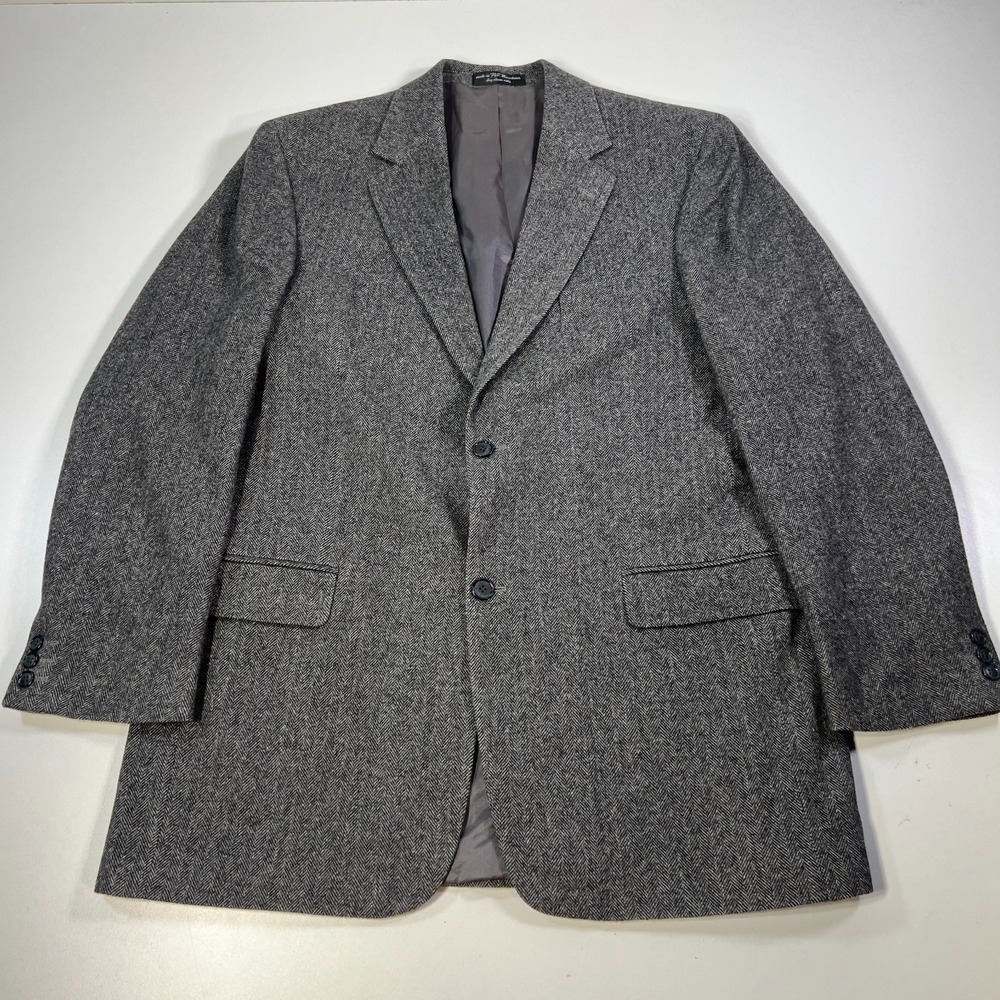 Chereskin Camel Hair Blazer Mens Long 44 Gray Herringbone Tweed Coat Jacket - Picture 2 of 12